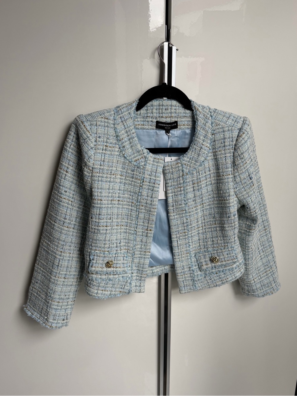 Generation Love Cropped Light Blue Tweed Jacket